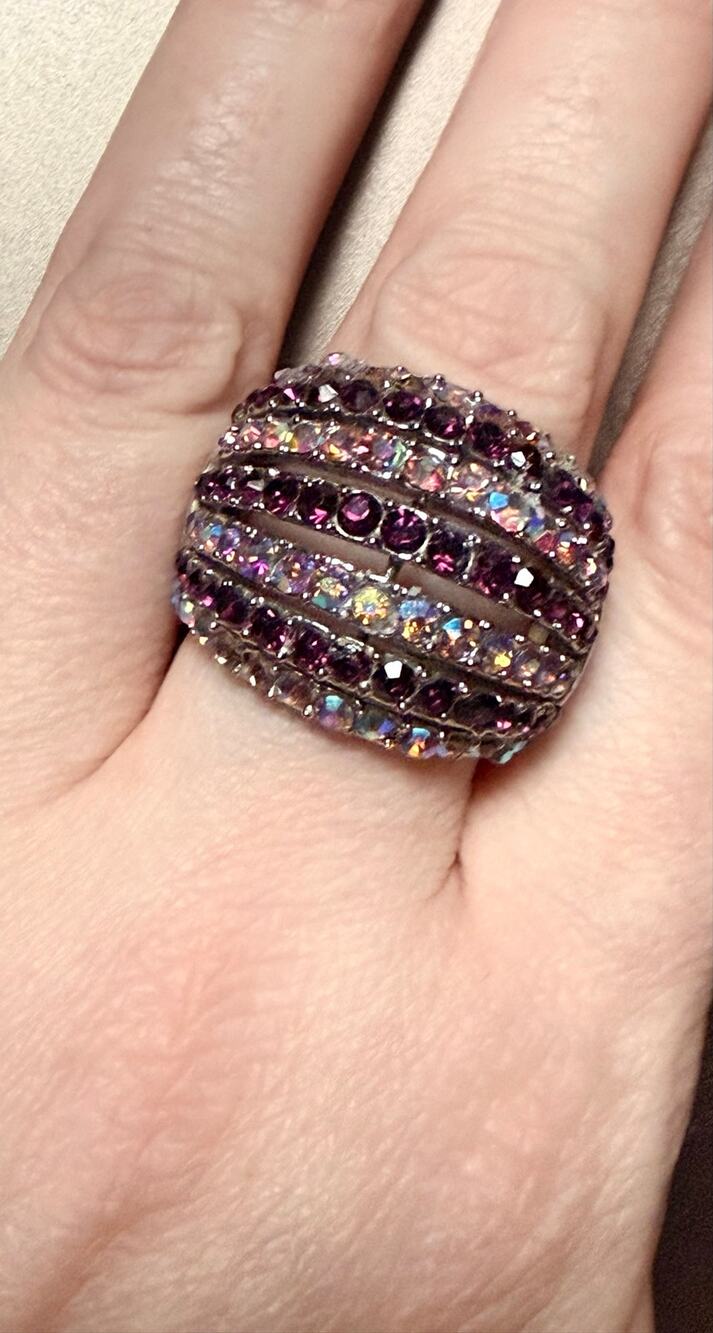 Amethyst color and AB Rhinestone Stretch Ring Adjustable Statement Ring